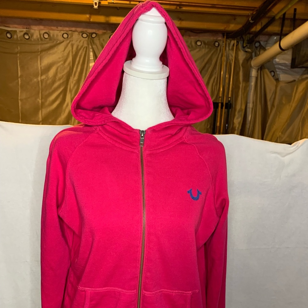 True Religion Zippered Hoodie, Pink with Glittery Blue Writing